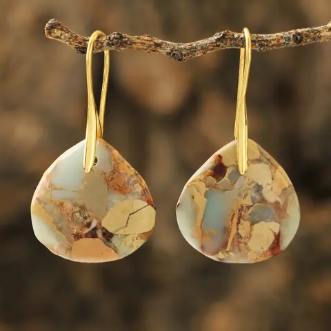 Vintage Shoushan Stone Earrings, Boho Style Colorful Sea Pattern Drop Dangle Earrings, 18k Gold Plated, Perfect Gift for Women, Unique Design Earrings, Earrings Jewelry