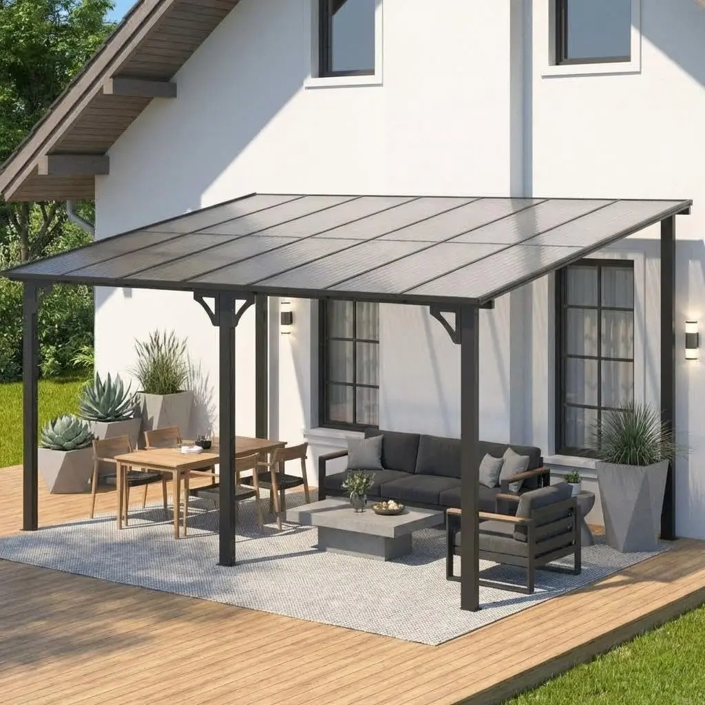 GAOMON 10x14 ft Heavy-Duty Wall Mounted Hardtop Lean-To Gazebo, Sloped Roof with Gutters & Sun Protection Awning System Outdoor Furniture Set for Patio, Backyard, Awning System Outdoor Furniture Sets