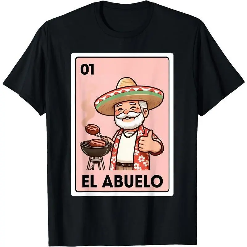 Men's El Abuelo Grilling Grandpa Mexican Bingo Card Unisex Cotton T-Shirt, Relaxed Fit, Short-Sleeve, Casual Fabric
