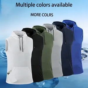 Summer ice silk quick drying hooded sleeveless vest for men, breathable and cool for fitness, running, loose and casual sports, sleeveless vest for summer
