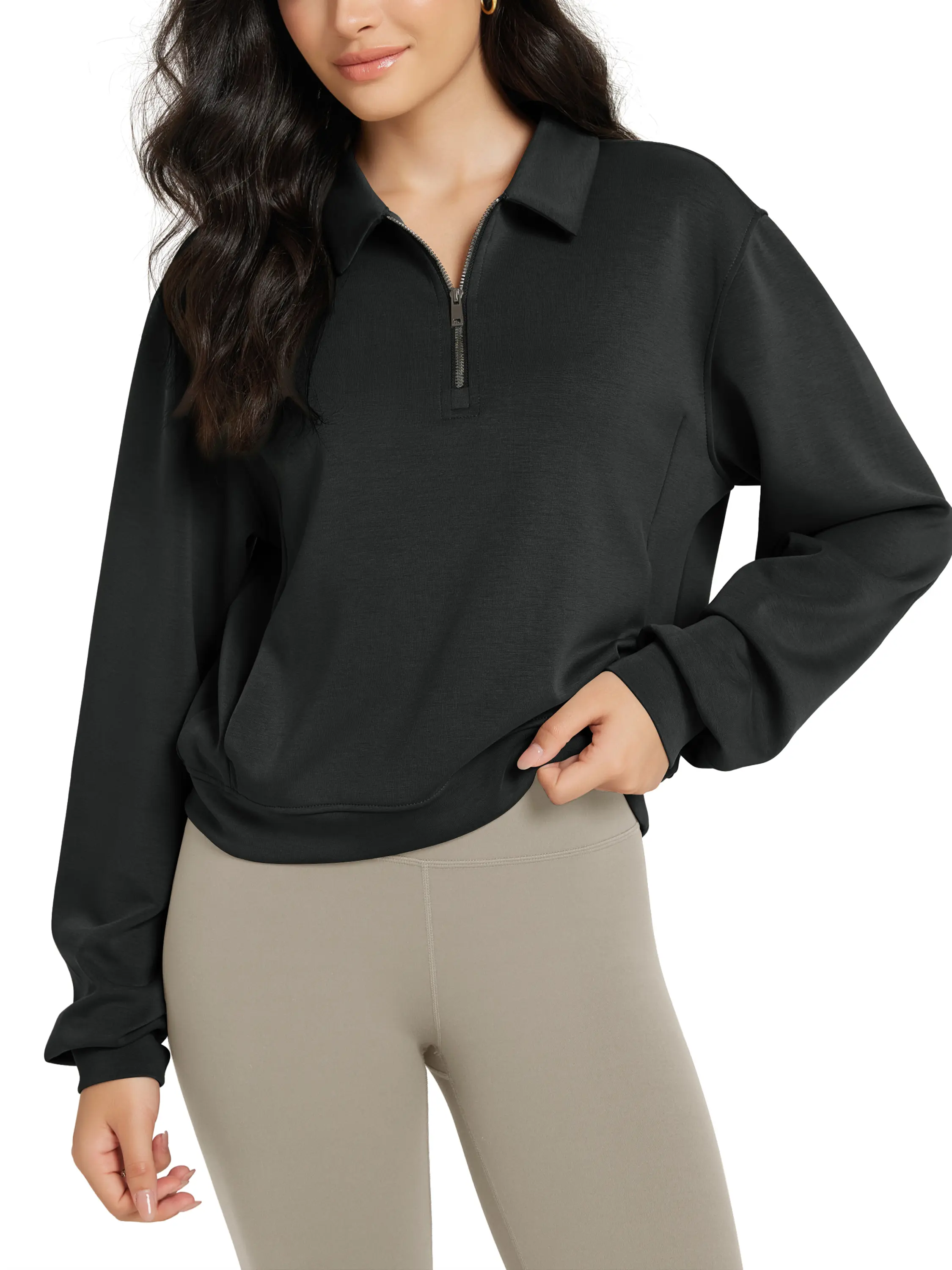 ODODOS Women's Modal Soft Half-Zip Collared Long Sleeve Relaxed Fit Pullover Hoodie with Kangaroo Pockets, Polyester Basic Adjustable Plain Top for Thanksgiving, Valentine's Day