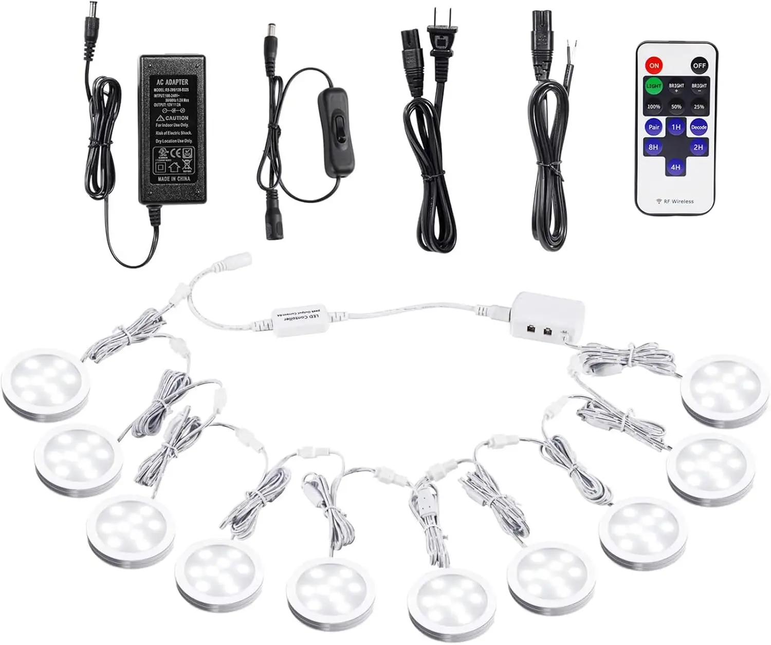 10-Pack Linkable Under Cabinet LED Light Set - 12V Dimmable Low Profile Puck Lights with Wireless RF Remote Control, Hardwired or Plug-in, Daylight White for Kitchen, Holiday or Party Celebrations (Invisible Low Profile Design), Hands-Free Dimming
