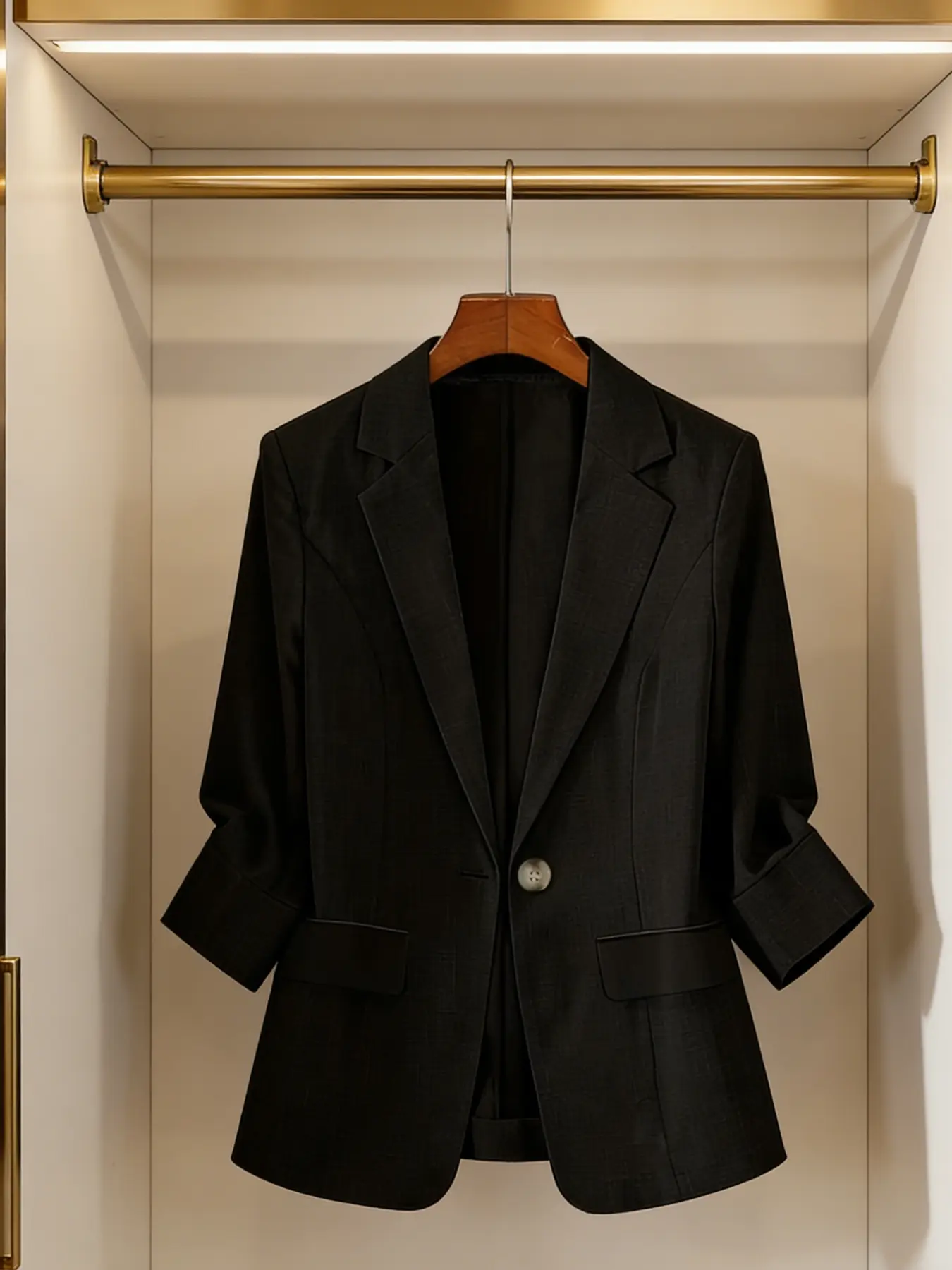 A women's light and mature style solid color fitted blazer jacket with seven quarter sleeves, cinched waist, slim commuting temperament, Office wear. Suitable for spring, autumn, home