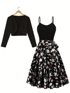 Women's Floral Print Bow Decor Belted Cami Dress & Open Front Long Sleeve Crop Outwear Two-piece Set, Casual Fashion Cozy Two Piece Outfits for Daily Outdoor Wear, Women Clothes for Spring Fall, Womenswear, Casual Dresses