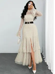 Women's Romantic Chic French Vintage Print Dot Long Sleeves Dress Fitted, Elegant Feminine Mesh Patchwork Long Skirt, Slim-Fitting Waist Cinch (no Belt Included) Womenswear