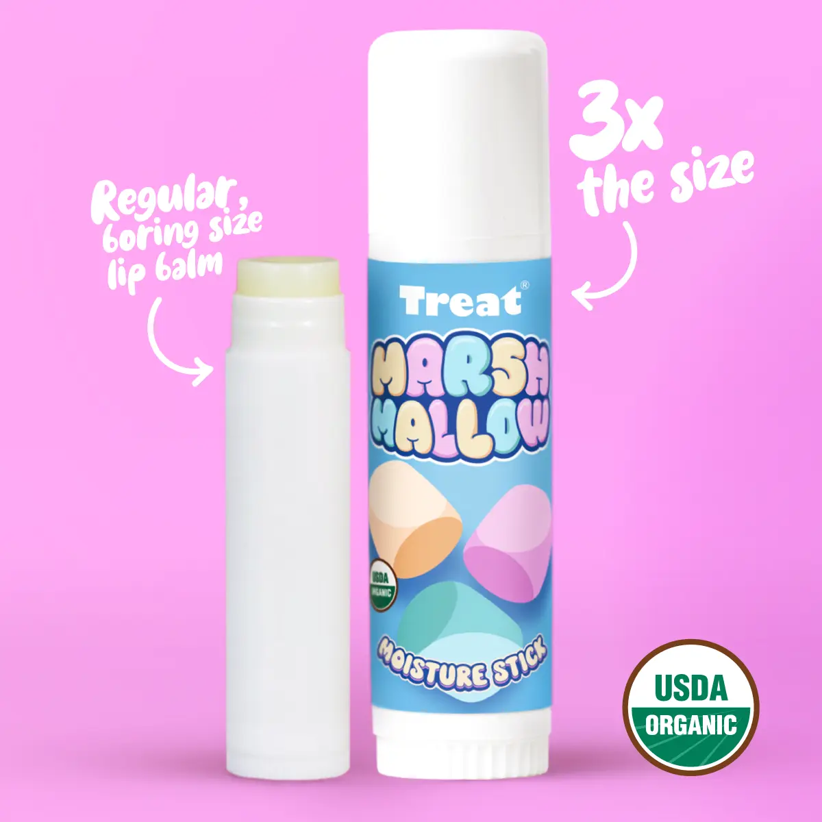 Treat Beauty Marshmallow "Anywhere" Jumbo Organic Moisture Stick 3X Regular Size with Coconut Oil & Argan Oil for Hydrating Skin Repair USDA Organic Handmade Moisturizing Anti Wrinkle Moisturizer