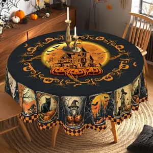 PLUMLIK Halloween Tablecloth with Cute Black Cat Pumpkin Ghost Patterns, Halloween Decor 2025, Day Of The Dead Round & Rectangular Table Cloth, Vintage Holiday Indoor Outdoor Table Decor, Halloween Ghost Bonfire Party Decor, kitchen Homegoods Halloween