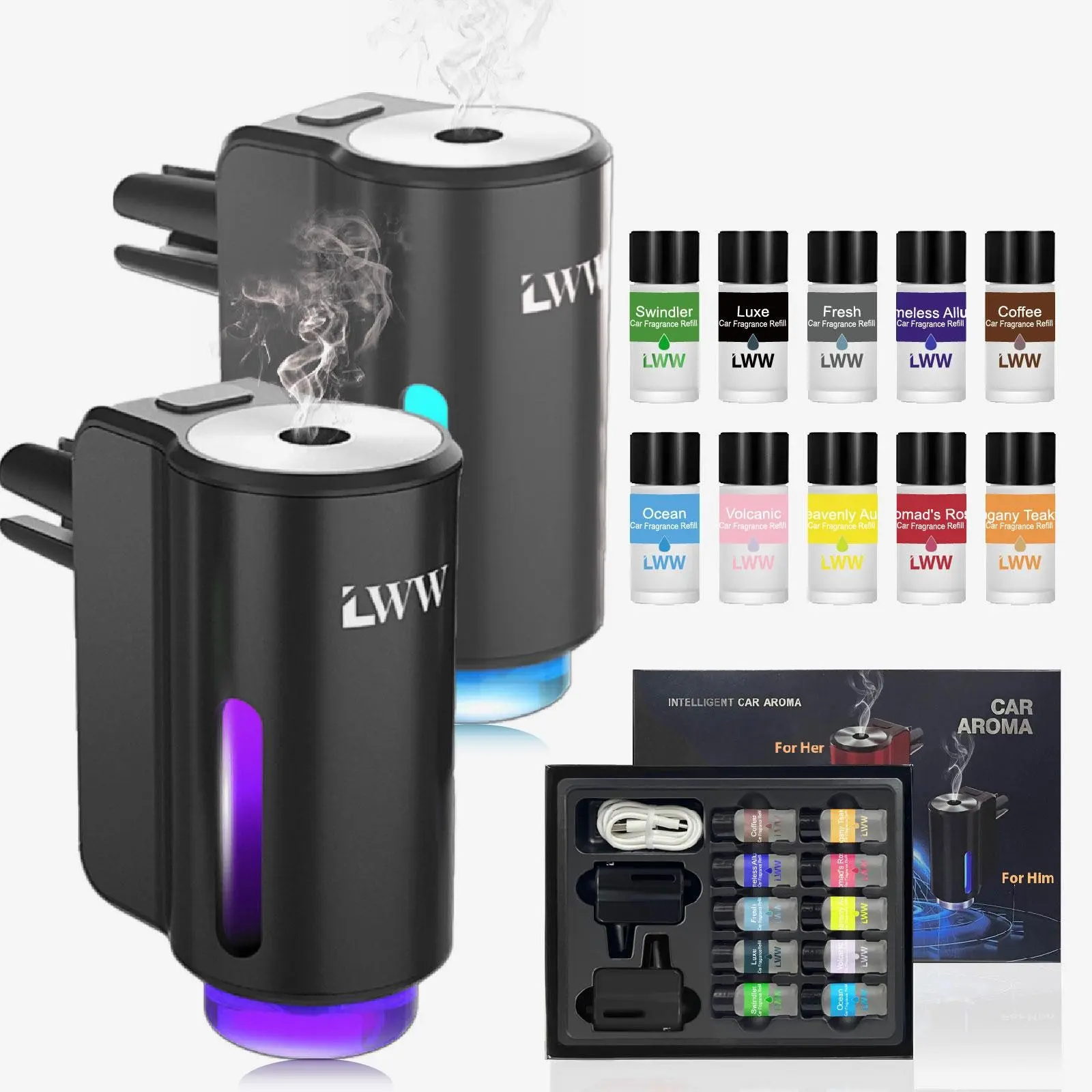 Smart LED Aromatherapy Diffuser for Car & Home – Fragrance Aroma Humidifier, Aromatizer, Bedroom Humidifier, Portable Humidifier, 3 Spray Modes, Ultra-Quiet, Includes 10 Essential Oils, Long-Lasting Fresh Scent Fragrance Machine, Air Humidifier