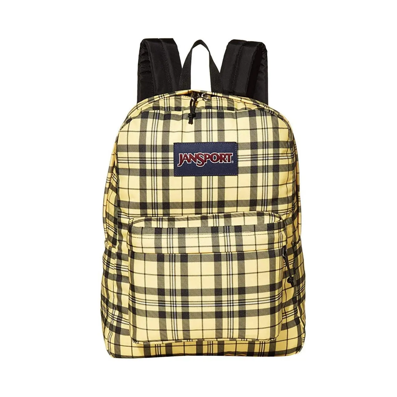 Jansport Plaid Backpack - Yellow and Black Checkered Design with Front Pocket and Adjustable Straps