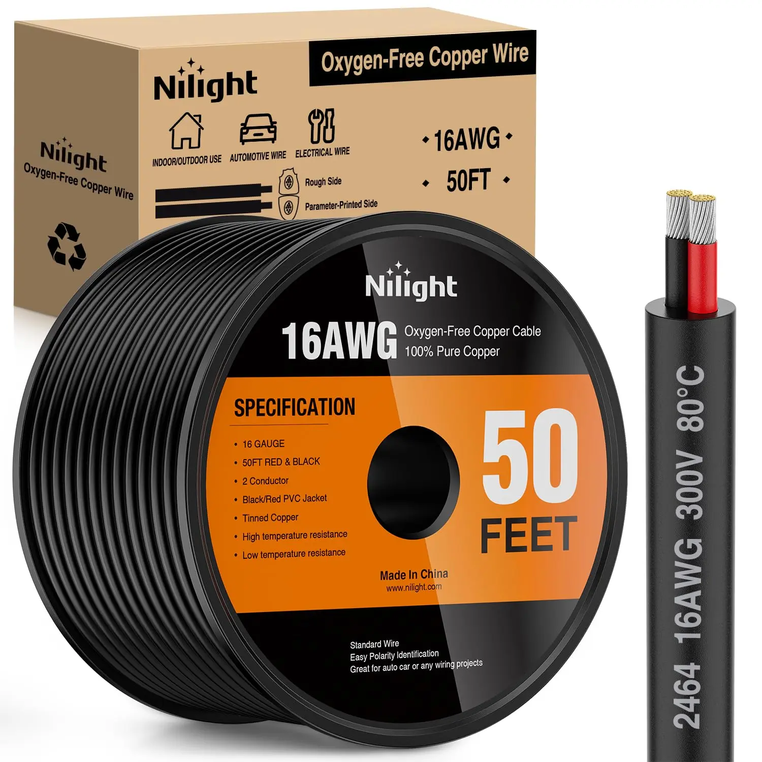 Nilight 50FT 16AWG Oxygen-Free Copper Electrical Wire - Red-Black Stranded PVC 2-Conductor Parallel Cord, 300V DC Flexible Waterproof Extension Cable, High Conductivity, High Temperature Resistance, Direct Burial for Home LED Lights, Outdoor Car Use