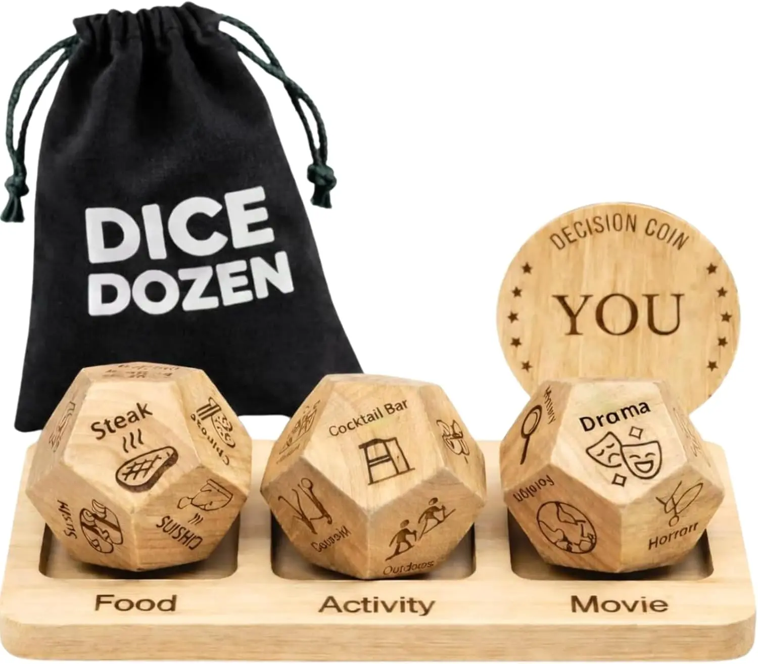 Dice Dozen Date Night Dice – 3-in-1 Wooden Decision Dice Set with Holder – Couples Game with Food, Movie, and Activity Picker – Romantic Gift Idea for Date Night and Anniversaries