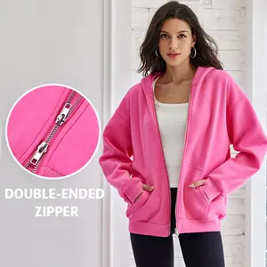 ATTRACO Women's Leaf Print Oversized Hooded Sweatshirt Solid Color Full Zip Long Sleeve Pocket Sweatshirt