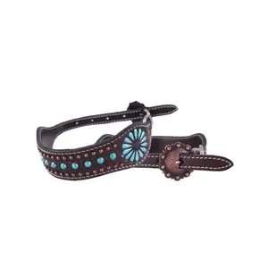 Genuine leather dog collar with turquoise