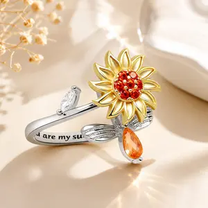 Fidget Rings for Anxiety for Women Sunflower Initial Letter Spinner Open Adjustable Ring CZ Daisy Stress Relieving Rings Jewelry Gift for Women Valentine's Day You are My Sunshine Ring