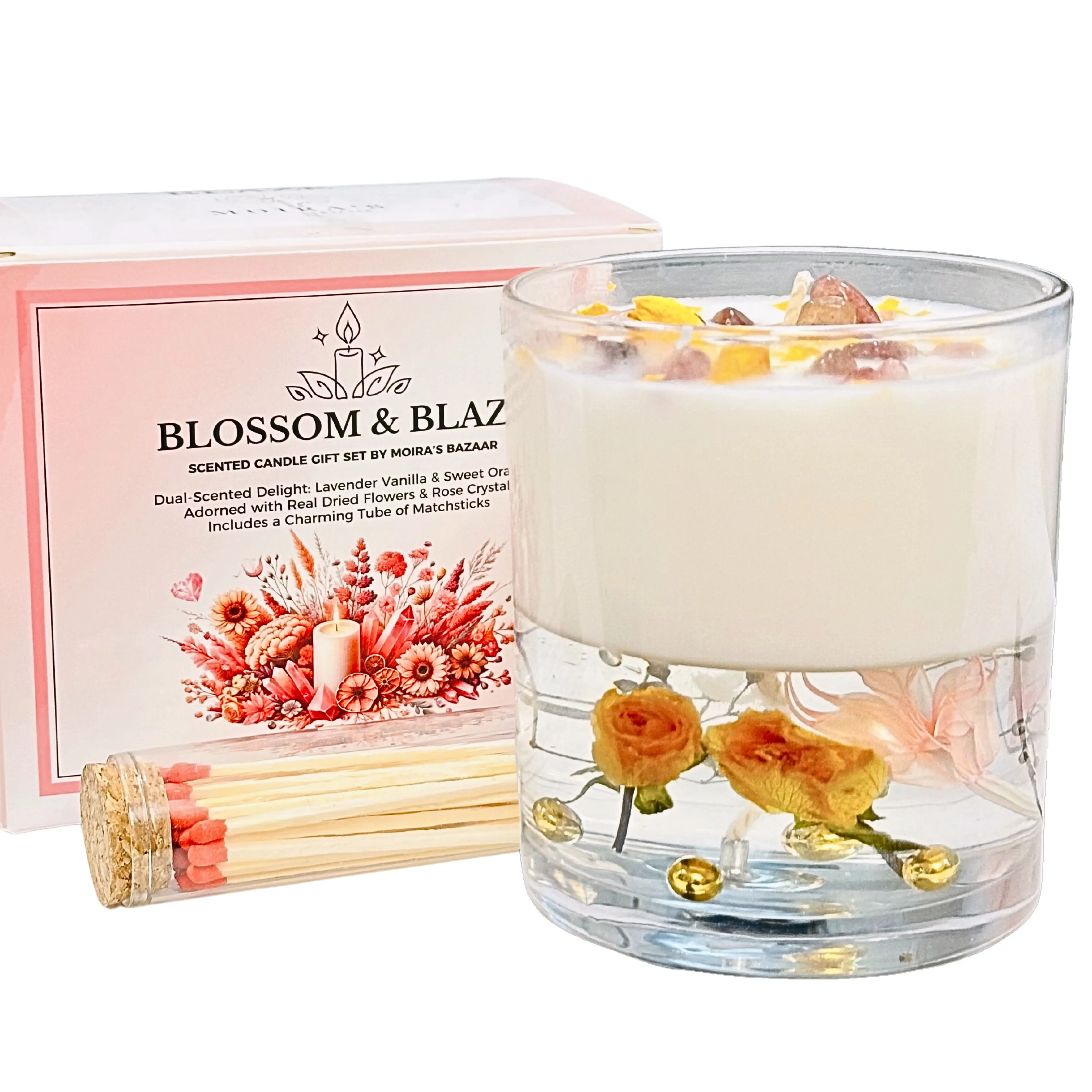 Moira's Bazaar Dual Scented Candle for Women - Lavender Vanilla & Sweet Orange, 50+ Hours Burn, Hand Crafted Home Aromatherapy, Pure Soy, Jelly, Dried Flowers, Match Sticks Tube, Gift; 11 oz Decor Floral