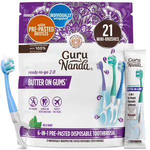 GuruNanda 6-in-1 Ready-to-Go Pre-Pasted Butter on Gums Mini Travel Toothbrush with Floss & Toothpick, No Rinsing Needed, Individually Wrapped & TSA Friendly, 21 Ct GuruNanda 6-in-1 Ready-to-Go Pre-Pasted Butter on Gums Mini Travel Toothbrush with Floss & Toothpick, No Rinsing Needed, Individually Wrapped & TSA Friendly, 21 Ct