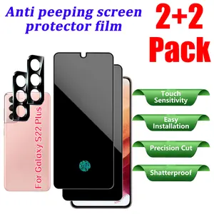 【 2+2 PCS 】 Privacy screen protector, suitable for Samsung Galaxy S22 Plus smartphone, 2 screen protectors and 2 lens protectors, easy to install，without bubbles, compatible with phone case , 9H hardness，supports fingerprint unlocking Installation