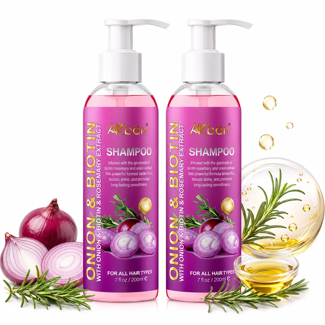 AKBAN Onion Anti-Hair Loss Shampoo 2-Piece Set, Infused with Rosemary & Biotin, Fragranced Moisturizing Repair Hair Cleanser for All Hair Types, Smooth Healthy Strands