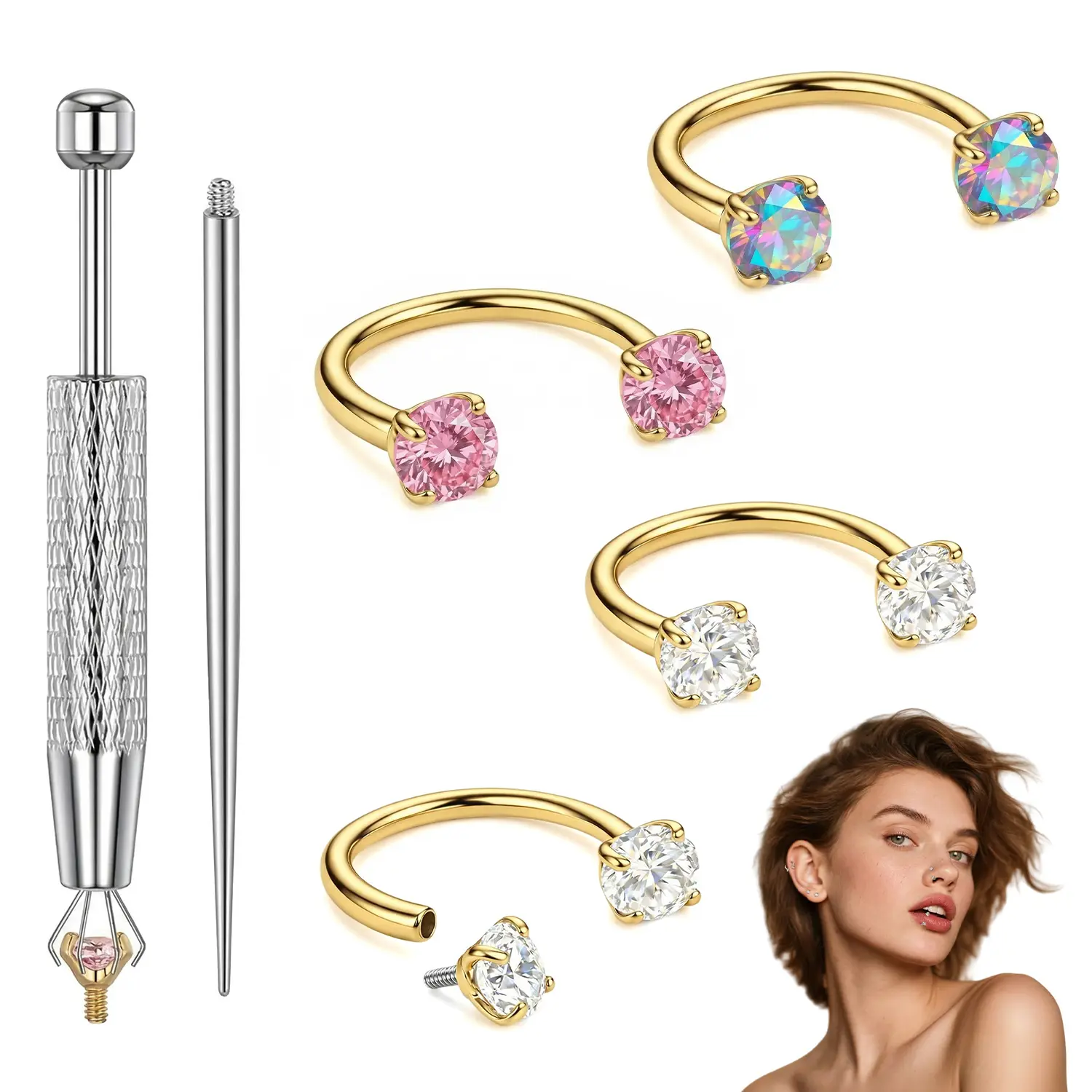 Women's 20g Titanium-Steel & Surgical-Steel Nose Piercing Set, Double-Gem Horseshoe Half Hoop, Smooth Finish Everyday Wear for Cartilage Helix Tragus Ear & Side Labret Lip Piercings