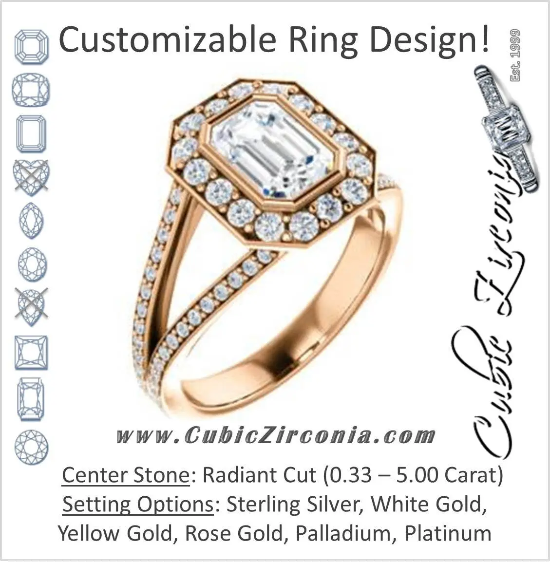Cubic Zirconia Engagement Ring- The Maricela (Customizable Bezel-Halo Radiant Cut Ring with Wide Tapered Pavé Split Band & Decorative Trellis)