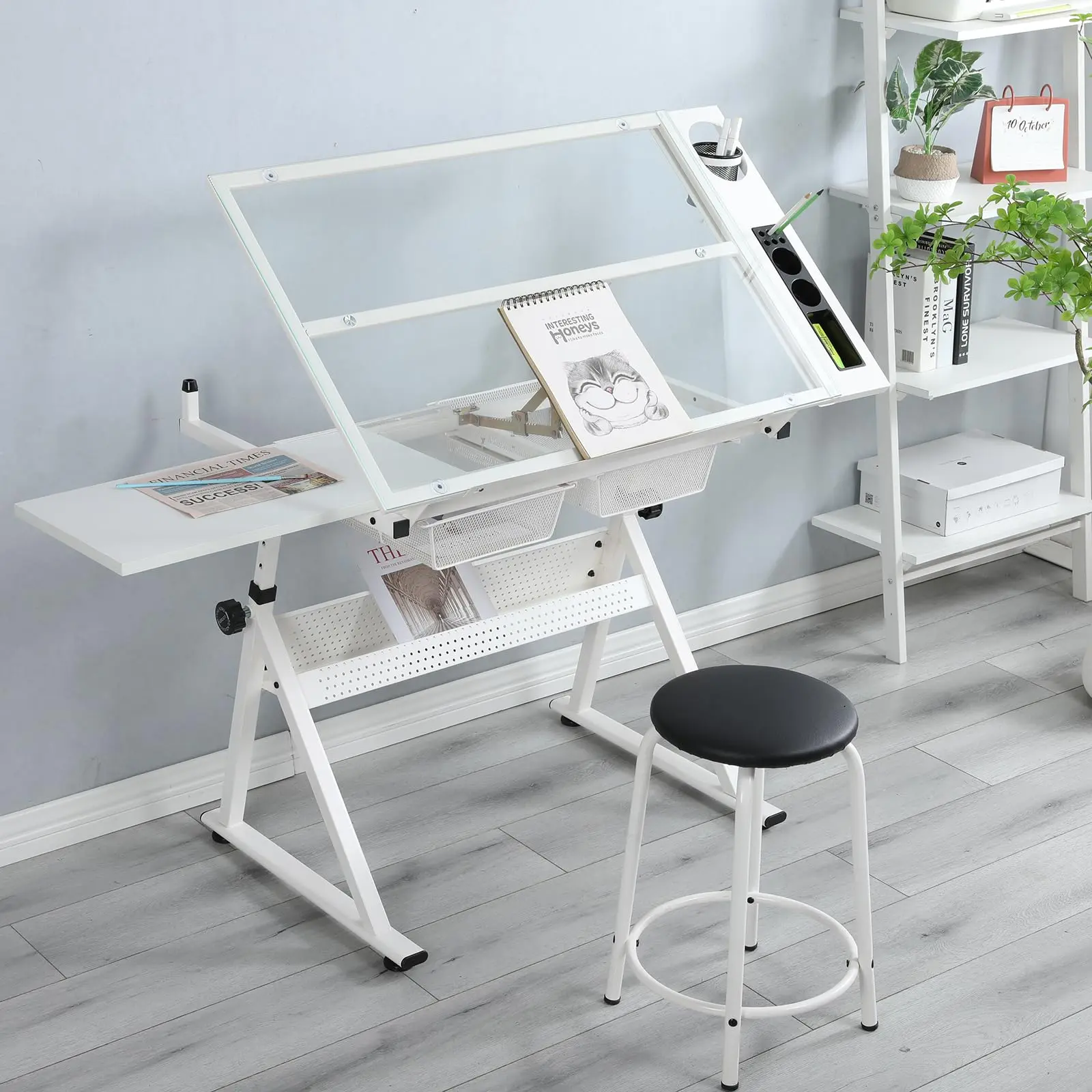 Drafting Table with Stool, 0‑75° Tilting Glass Tabletop – Height Adjustable Drawing Table – Multifunctional Art Craft Paintings Work Station w/ 2 Storage Drawers for Home Office