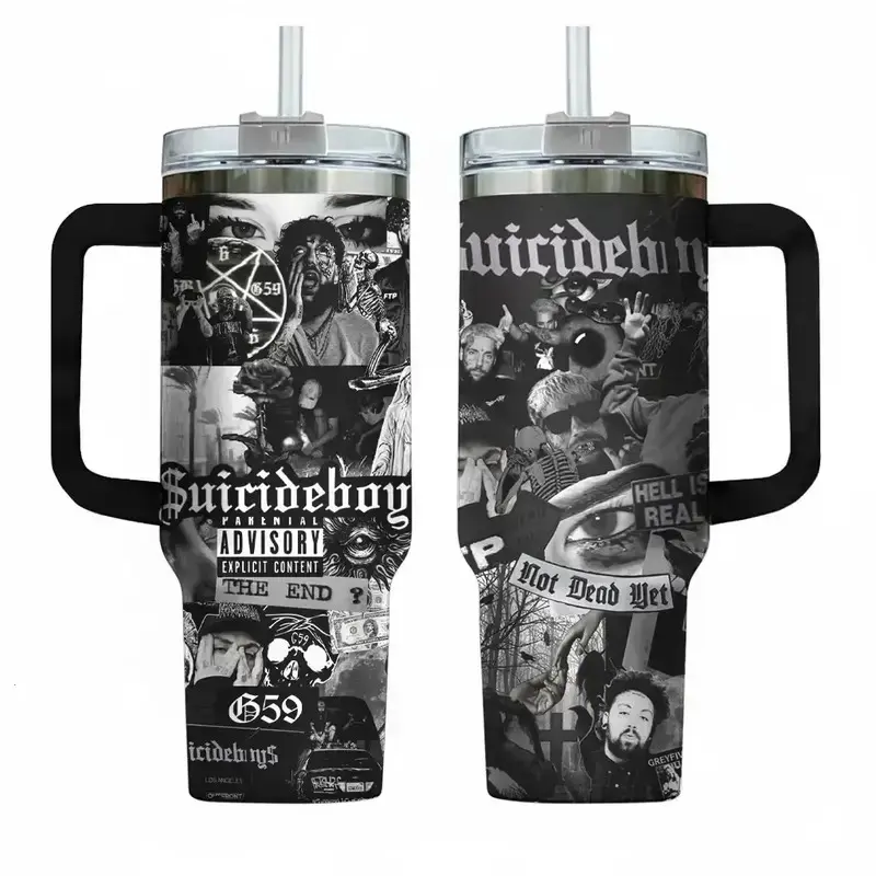 $uicideboy$ G59 Hip Hop Music Custom Tumbler Cup 40 oz with Handle & Straw | Gothic Grunge Dark Aesthetic Stainless Steel Insulated Travel Mug | Gift for Suicideboys Fans