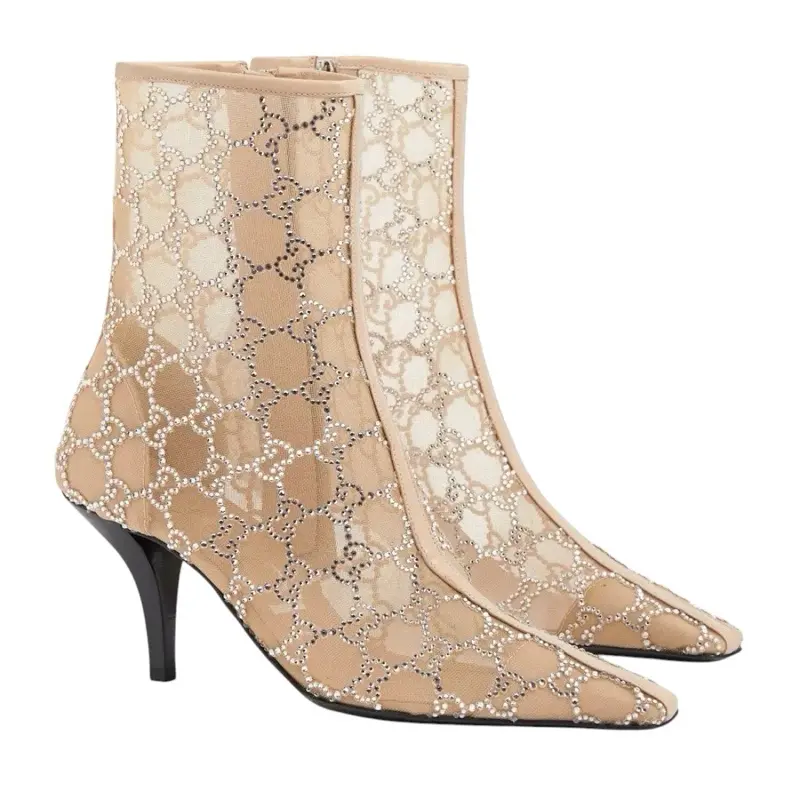 Gucci Demi Crystal Mesh Ankle Boot in Rose Beige. Size 38 USA 7.5
