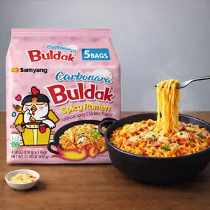 Samyang Buldak Cream Carbonara Cheese Hot Chicken Flavor Ambient Instant Ramen (Pink Pack), 130g×5 Packs, Pantry Food Snacks for Family Gatherings, Quick Meals, Buldak Ramen Noodles