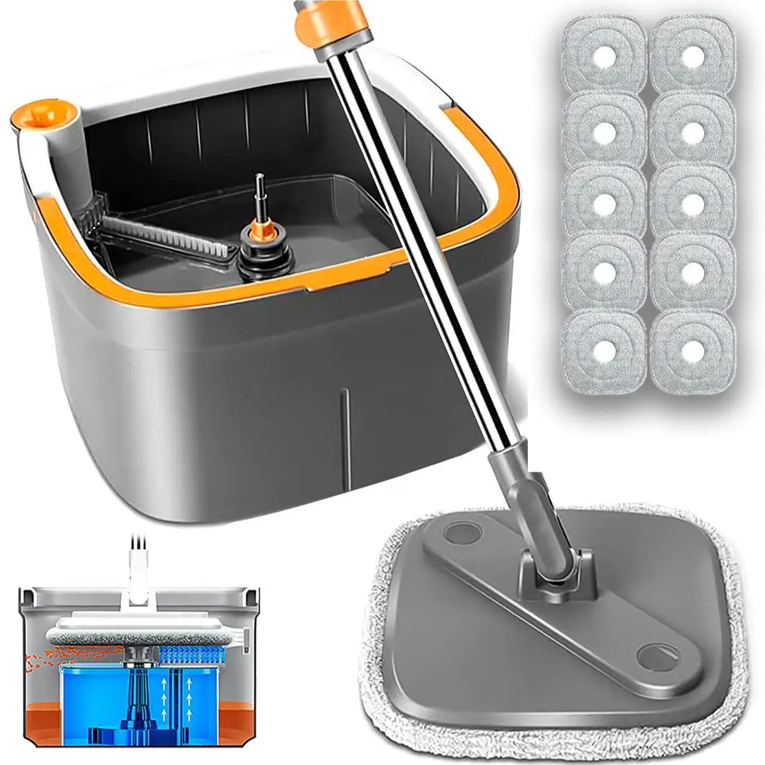 Gray Spin Mop with 10 mop pads