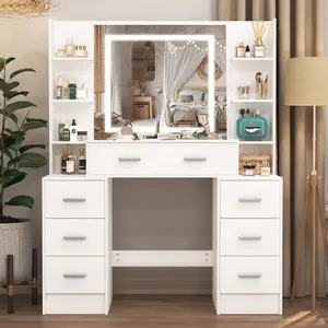 Makeup Vanity with LED Light Strip Mirror , 7 Drawers White Vanity Makeup Desk with Shelfs, Adjustable LED Lighting,for Women, Girls, Teens