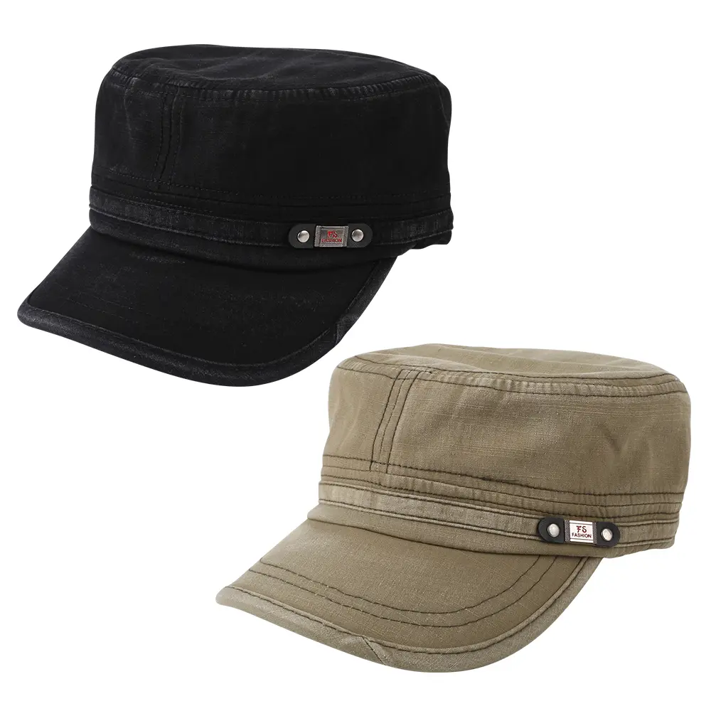 2 PCS Unisex Cadet Army Cap Adjustable Flat Top Cap Washed Cotton Military Hat Baseball Cap