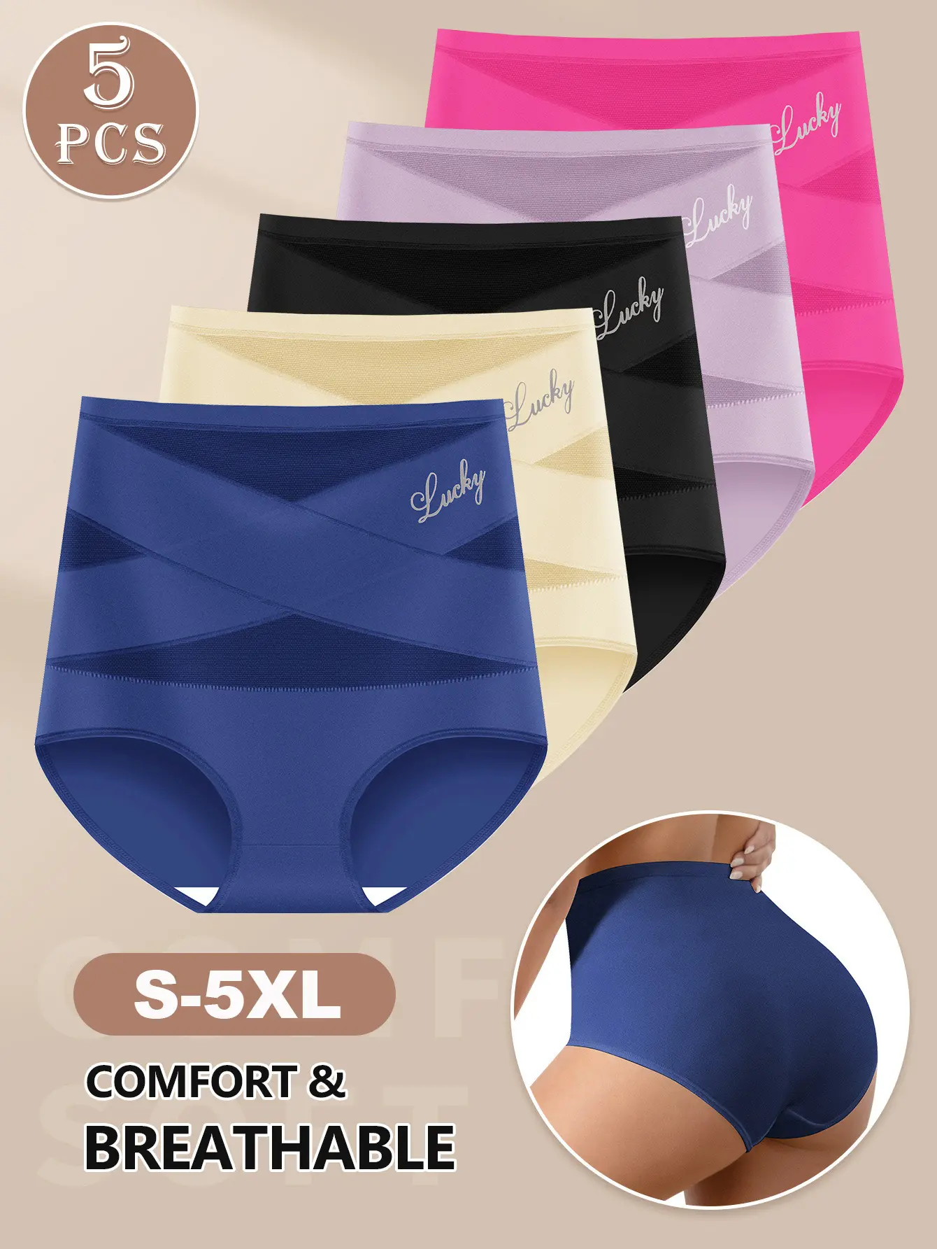 5PCS Summer Vibes Lucky Brand Women's High-Waist Seamless High-Waist Tummy Control Panties  S-5XL Strong Waist Shaping Seamless Body-Shaping Panties Butt-Lifting Womenswear