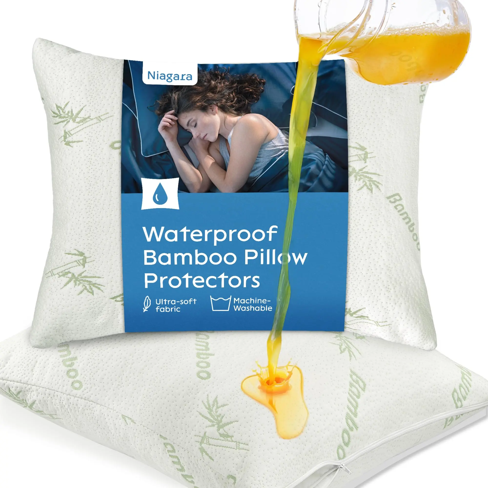 Niagara Waterproof Bamboo Viscose Standard Pillow Protectors (20x26in) - Zippered, Noiseless, Breathable, Soft, Durable, Machine Washable