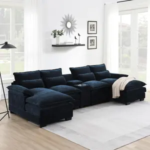 Modern 123 Inch U-Shaped Sectional Sofa with Console, Cup Holders & USB Charging Ports, 6-Seat Oversized Chenille Cloud Couch with Double Chaise Lounge, Symmetrical Upholstered Living Room Furniture for Apartment and Home