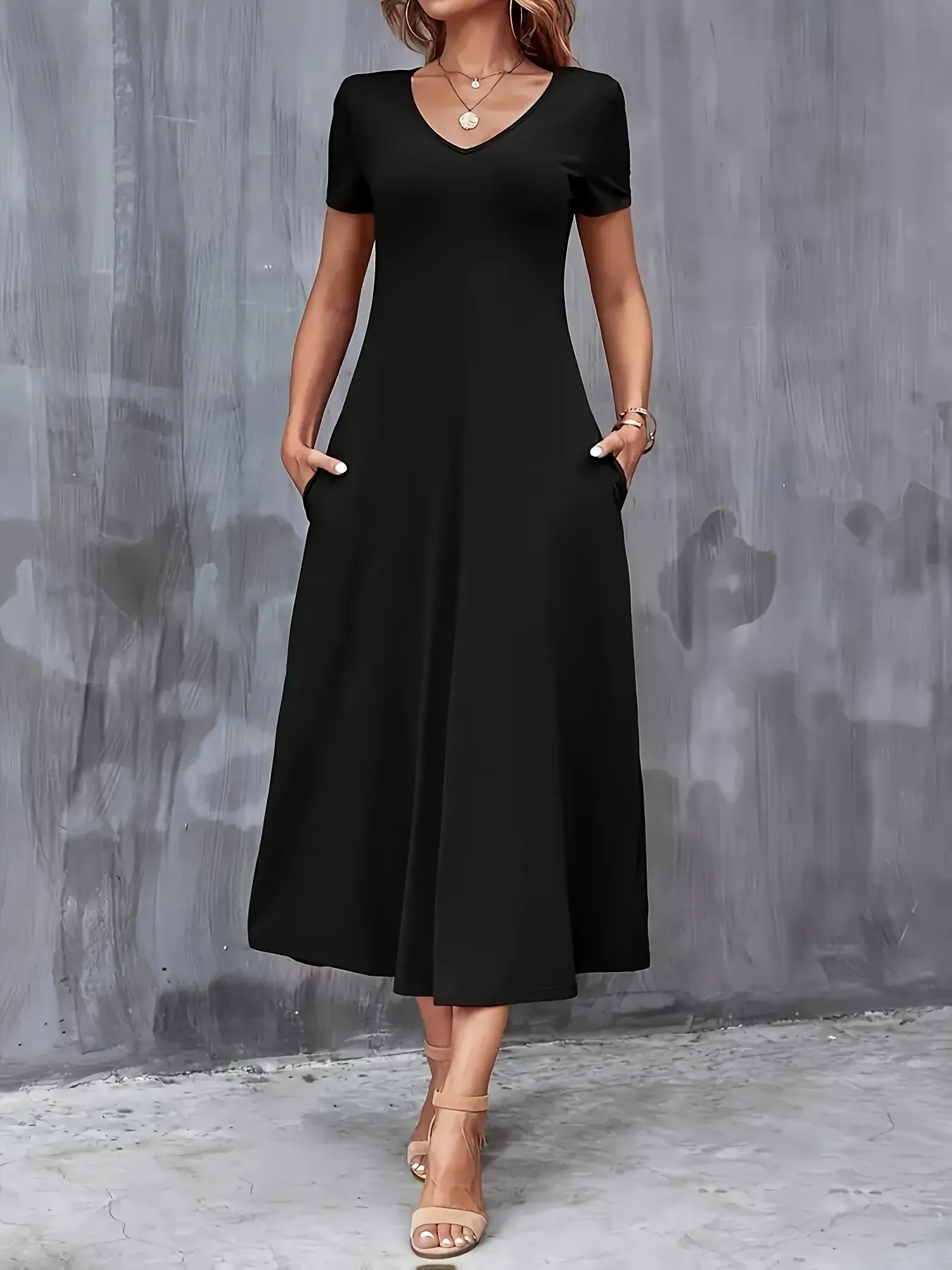 Spring Summer Fall Fashion New Basic Casual Wear Women's Vneck Solid Color Pocket Dress, Elegant Fitted Plain Pattern Clothing, Stylish Ladies' Apparel, Casual Classy Dress