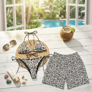 [Hot Summer 2026] - Couple Gray Abstract Camo Print Bikini Set and Hawaiian Shorts, Minimal Matching Summer Beach Outfit