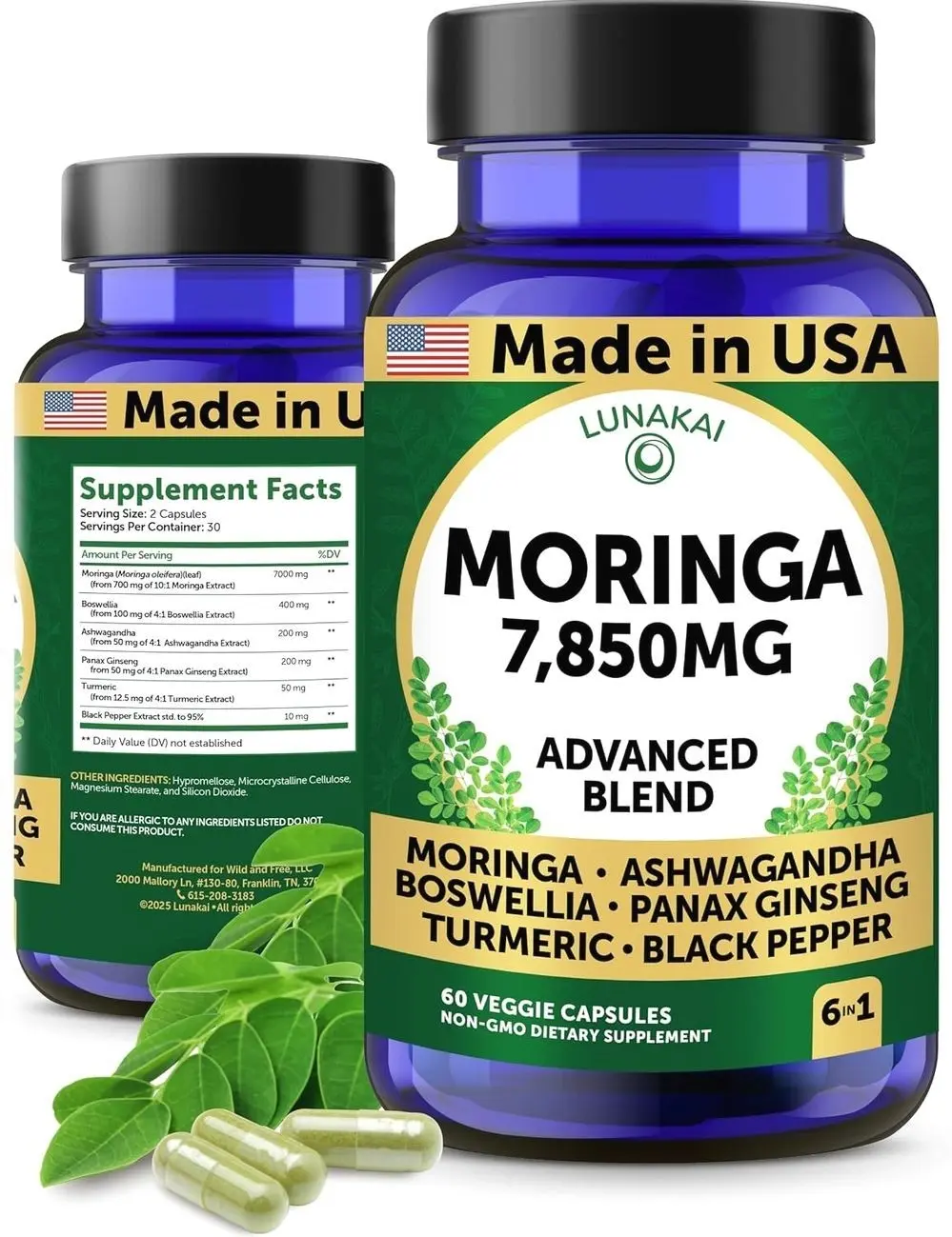 Lunakai USA Made Pure Moringa Capsules – Advanced Moringa Leaf Extract Supplement with Ashwagandha, Boswellia, Ginseng & Turmeric, 60ct