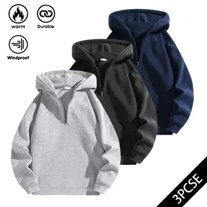 Men's Half-Zip Fleece Hoodie, Casual Long Sleeve Drop Shoulder Sweater, Thick Fabric for Fall & Winter, Sporty Fashion Pullover thanksgiving  outfits  men grey  sweatpants winter  birthday Vintage Loose Sweatshirt quarter  zip korean  fashion Beige