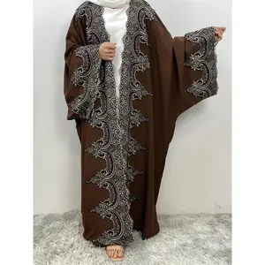 Women's Floral Embroidery Batwing Sleeve Abaya, Modest Long Sleeve Open Front Abaya for Daily Wear, Women's Islamic Clothing for Spring & Fall, Floral Embellished Abaya