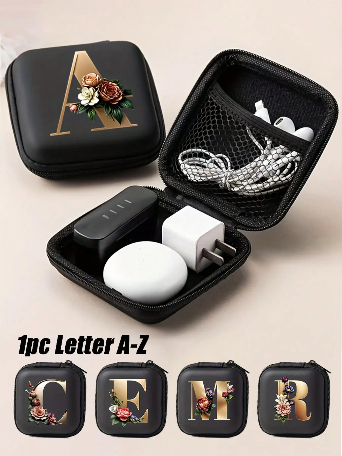 1pc 26 Letters Print Earphone Bag Mini Portable Earphone Bag Coin Purse Headphone USB Cable Case Carrying Pouch Bag Earphone Accessory Square Storage Box for AirPods