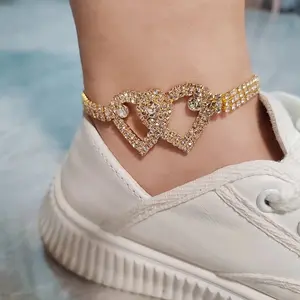 Trendy personalized double heart anklet with full diamond sparkle, popular beach anklet, women's sparkling diamond accessory
