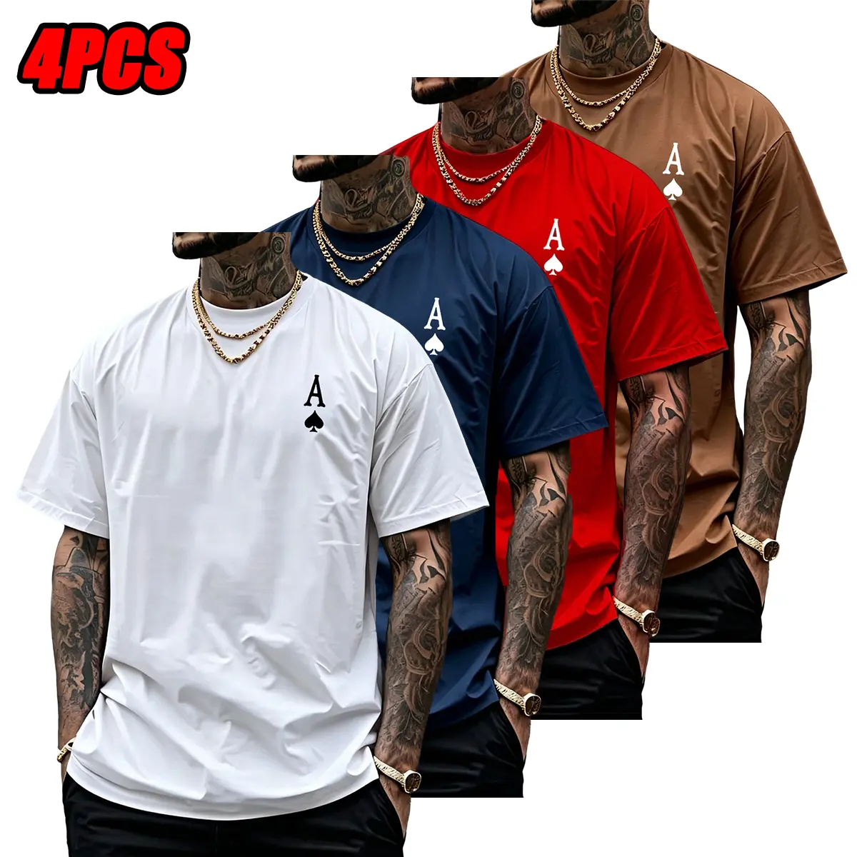 Men’s 4-Pack Round Neck Graphic Tees, Black Double-Sided "A"-Shaped & Playing Card Prints, Soft Breathable Loose Casual Short Sleeves, Streetwear, Men’s Clothes, Father’s Day Gift, T Shirts