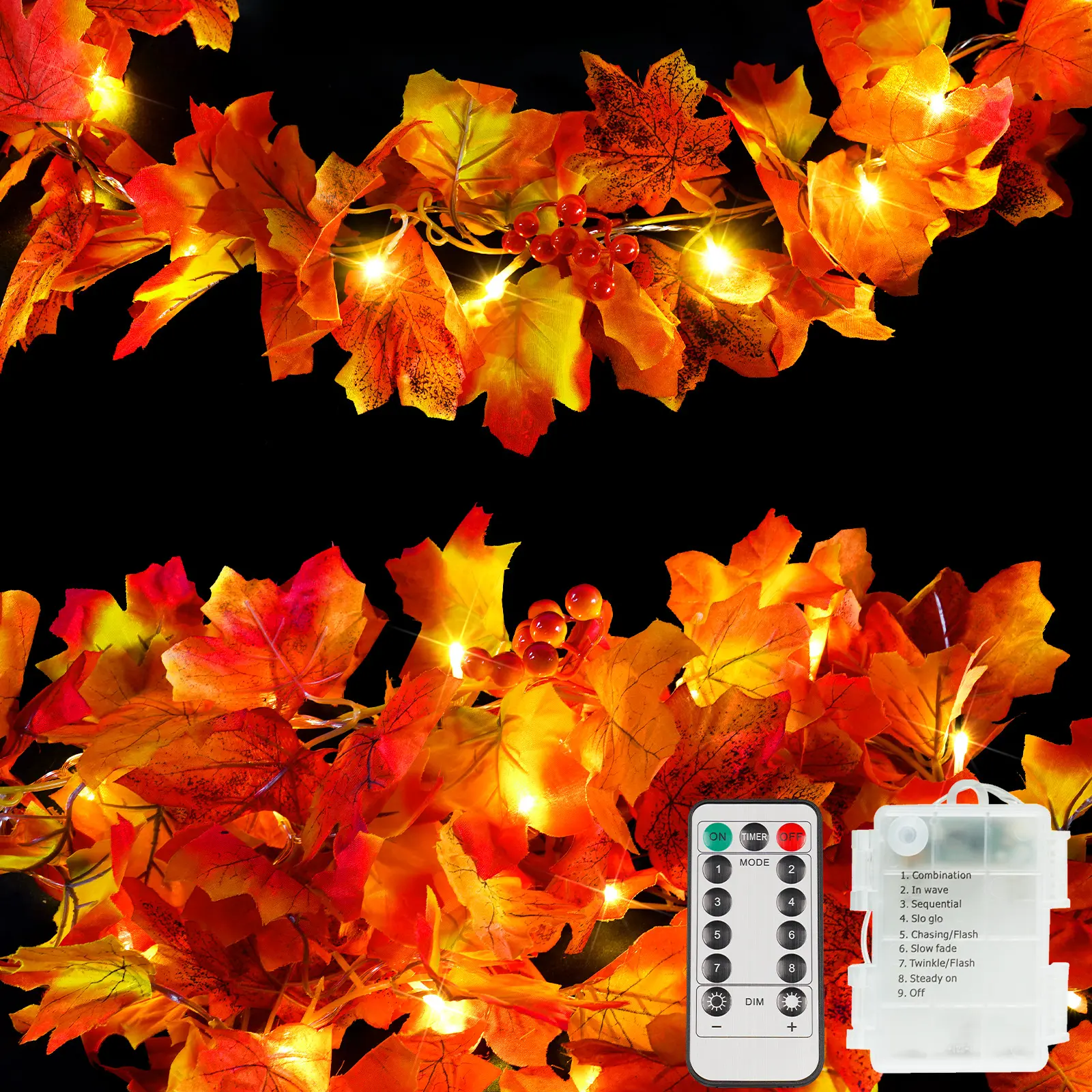 Battery-operated fall garland with lights, 20-LED orange fall leaf garland, Thanksgiving fairy string lights with remote for table, mantel, office, porch, Halloween, home decoration