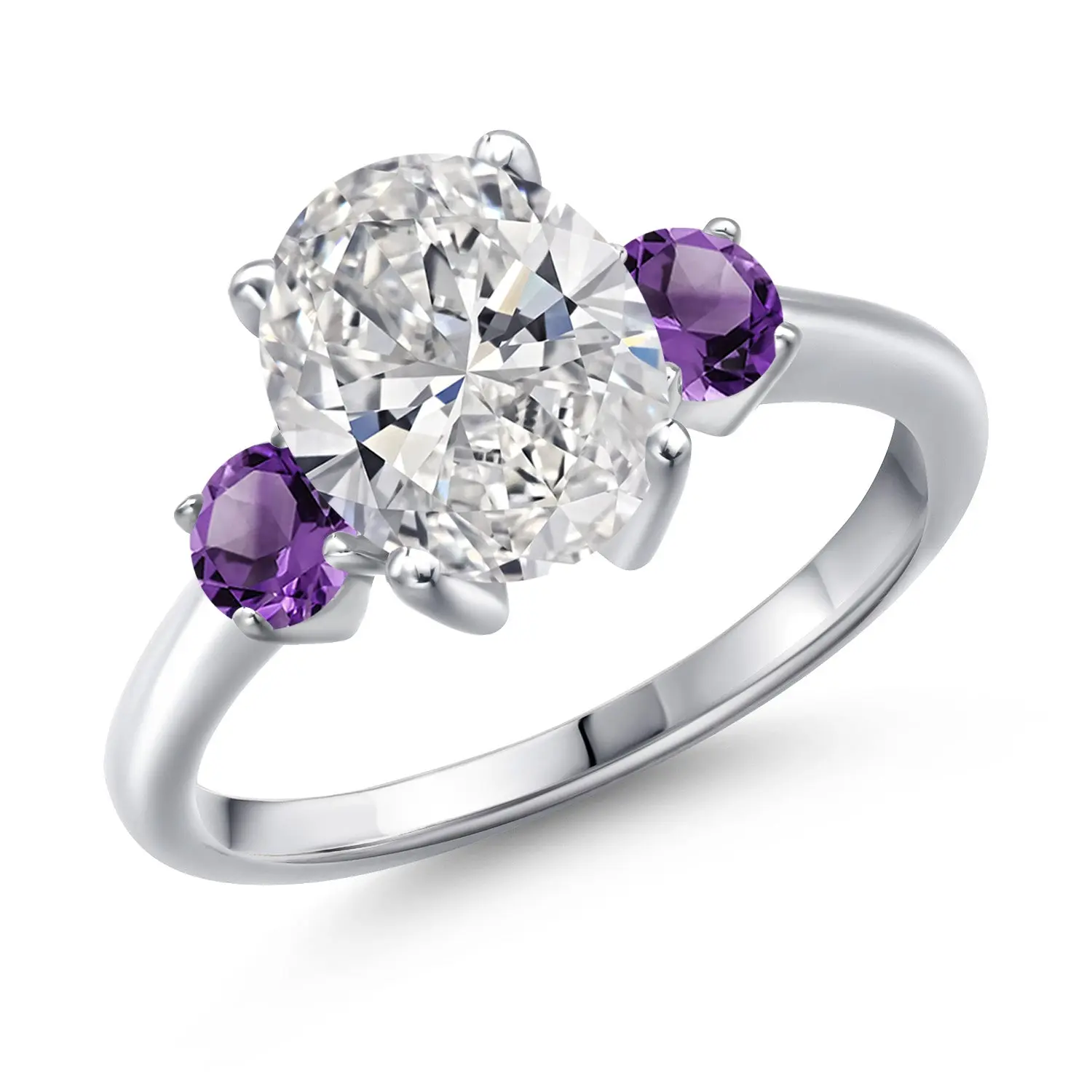 2.50 cttw IGI Certified Lab Grown Diamond and Purple Amethyst 3-Stone Engagement Ring For Women | 925 Sterling Silver | Center 2.00 Ct Diamond | E-F Color | VS1-VS2 Clarity