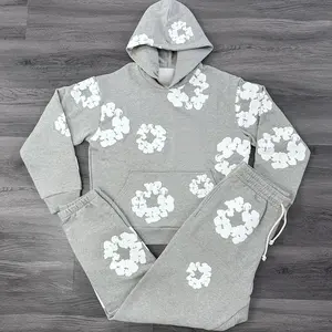 Flower Hoodie & Wide Leg Joggers Set, 3D Puff Print Y2K Youth Sweatshirt, Unisex Sport Tracksuit, Hip-Hop Hoodie, Floral Foam Print Wreath Sweatshirt, Trendy Daily Casual Fashion for Men & Women