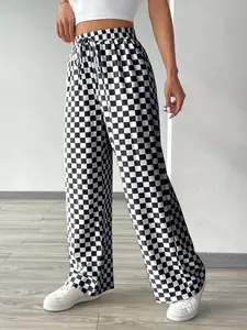 Women's Plaid Wide Leg Pants, Casual Loose Long Trousers, Casual Fashion Trousers, All Season Sports Pants with Elastic Waistband, Casual Sporty Trousers