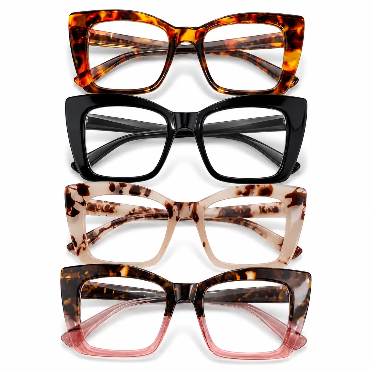 Women's 4-Pack Plastic Full Rim Reading Glasses, Oversized Square Modern Silhouette Readers with Colorful Pattern Frames for Reading, Daily Use, Multiple Pairs
