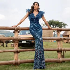 Glamorous Teal Blue Feather-Pattern Sequined Ruffle Sleeve Cocktail Long Dress Elegant Iridescent Mesh Flounce V-Neck Slim Fit Prom Party Maxi Dress  Luxury Gradient Sequin Ruffle V-Neck Mermaid Formal Evening Gown