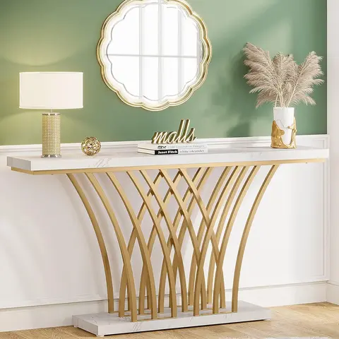 Tribesigns 59 inch Gold Console Table, Modern Entryway Table with White Faux Marble Toptable
