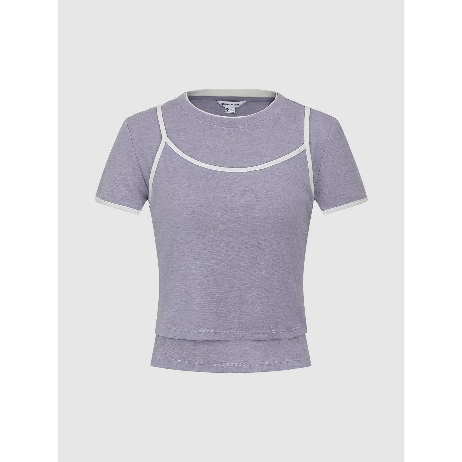 URBAN REVIVO Lady's Slim-Fit 2-in-1 Contrast Round Neck Short-Sleeve Thin Wool Casual T-Shirt Top - 2026 Summer Collection, Slight Stretch, Basic Look, Elastane Clothes